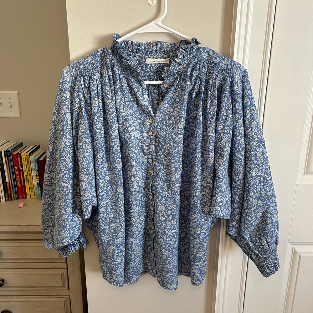 DÔEN Rose floral-print organic cotton-blend voile blouse Blue Medium